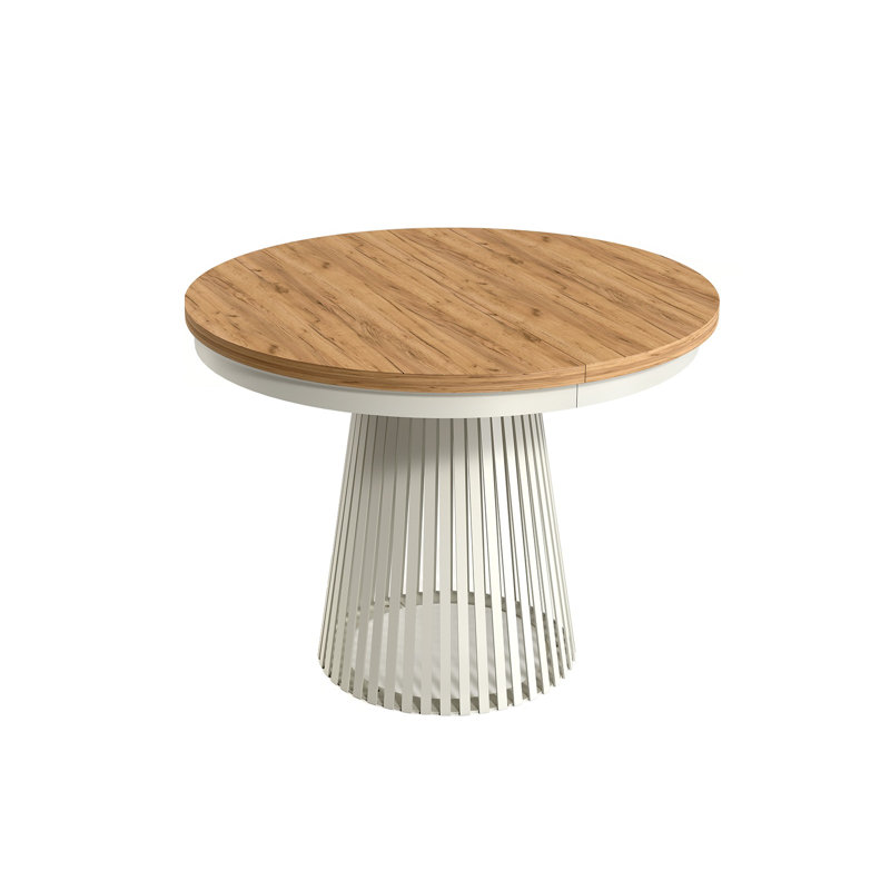 Extendable Round Metal Base Dining Table, Beige, Oak Wood