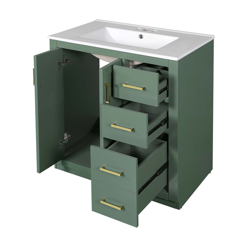 30" Retro Style Bathroom Vanity with Ceramic Sink, Solid Wood Frame, Ample Storage, and Soft-Closing Doors, Green