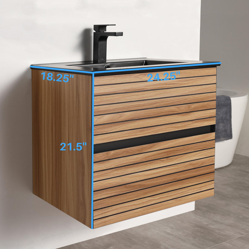 24" Floating Bathroom Vanity with Sink – Wall-Mounted All-Wood Cabinet with Soft-Close Drawers, Open-Back Design & Durable Ceramic Top