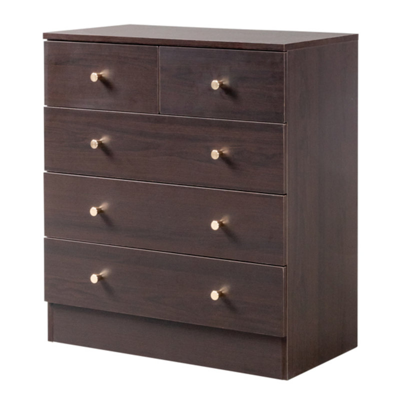 Dark Wood 5-Drawer Chest with Gold Knobs - Modern Farmhouse Storage Dresser for Bedroom or Entryway, Pink