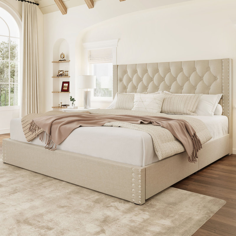 Lit plateforme tapissier avec tiroirs de rangement, Beige, Très grand lit