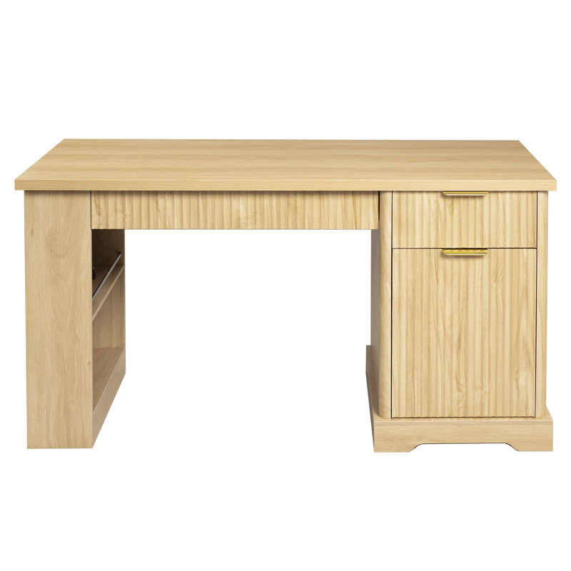 Bureau cannelé moderne de 55 po avec armoire de rangement et tiroirs (tabourets non inclus), Chêne clair