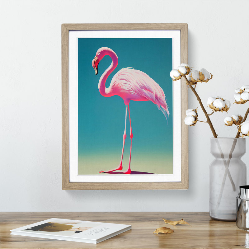 Solo Flamingo - Single Picture Frame Print, 64cm H x 46cm W x 2cm D, Oak