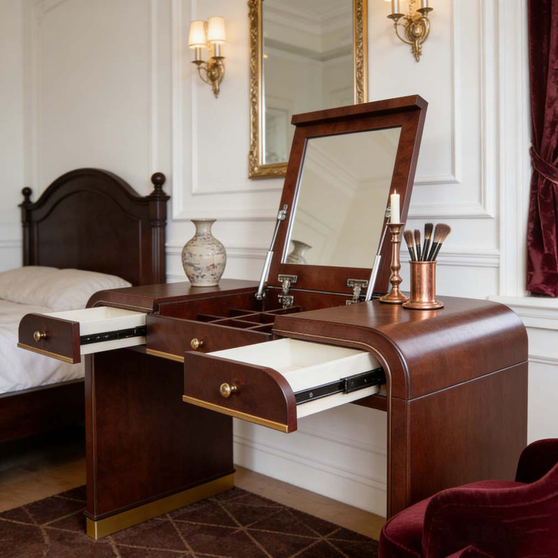 Coiffeuse classique en bois avec miroir rabattable, coiffeuse 3 en 1 avec 2 tiroirs et espace de rangement, Espresso