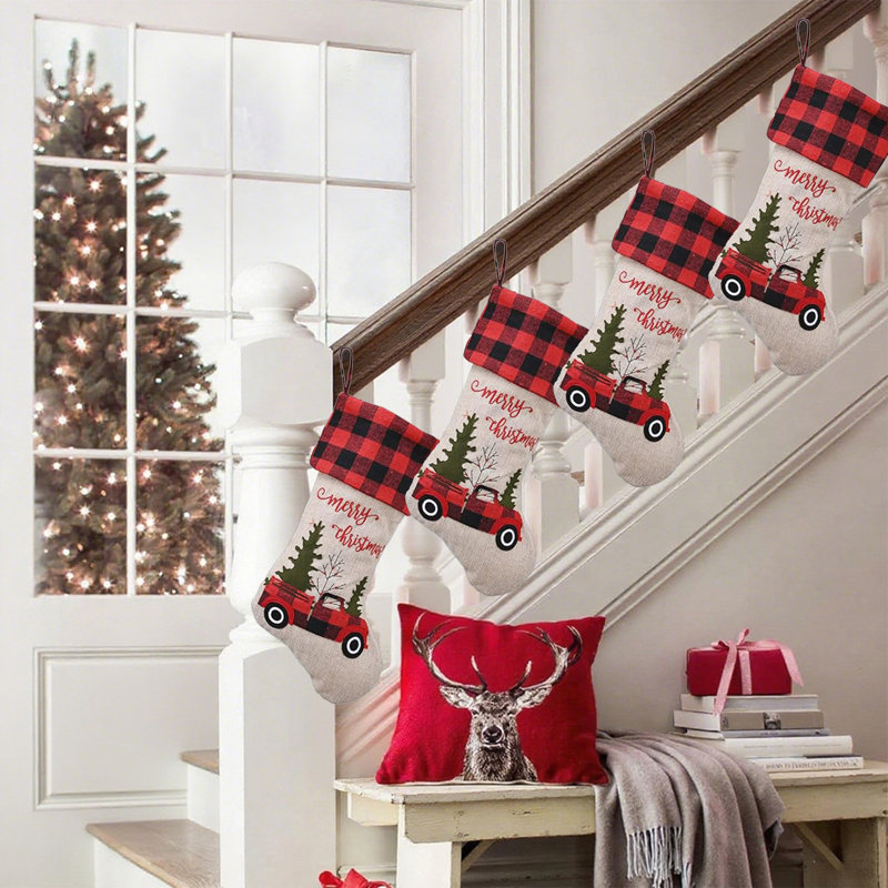 4PCS Burlap Christmas Stockings Xmas Fireplace Hanging Stockings,Truck Christmas Buffalo Plaid Stocking Classic Stocking For Family Xmas Decoration Holiday Season Party Decor
