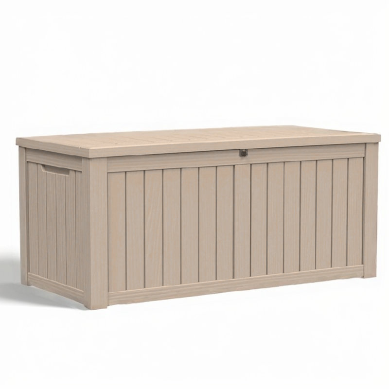 150 Gallon Patio Storage Chest, Waterproof Resin Deck Box with Wood Slat Design, Lockable Outdoor Bin for Balcony, Backyard, Garden Tools, Pool Accessories and Kids’ Toys