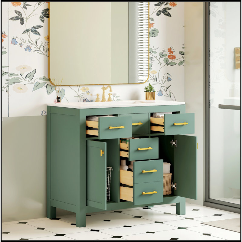 Meuble-lavabo sur pied 36 po avec lavabo en céramique, 4 tiroirs et 2 armoires, structure en bois massif 36 po , Vert