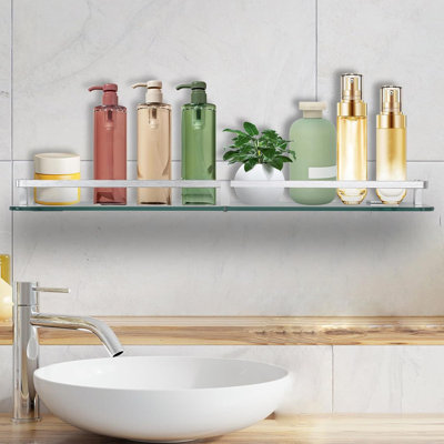 24 Inch Tempered Glass Floating Shelf, 24 X 5.12 Inches Wall Mounted Shower Shelf With Aluminum Rail & Brackets For Bathroom Storage