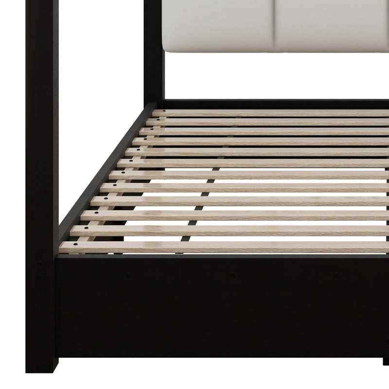 Lit plateforme à baldaquin avec tête de lit tapissier et structure en métal, Noir
