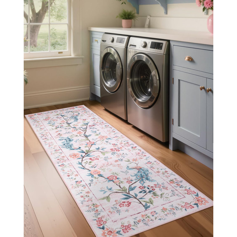 2x6 Black Washable Runner Rug – Floral Peacock Design, Non-Slip, Stain-Resistant Mat for Bedroom, Kitchen, Bathroom