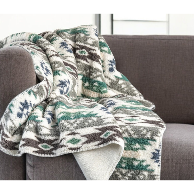 Jeté 50 po x 60 po en faux sherpa gris et vert ivoire Southwestern