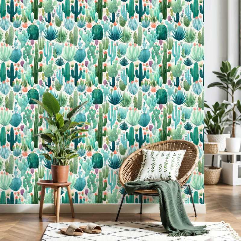 Papier peint adhésif auto-adhésif à motif de cactus à peler et coller, L 118 po x l 24 po