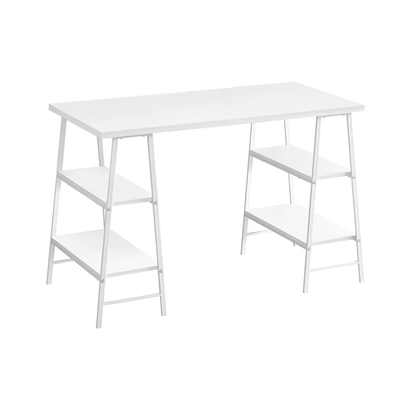 Bureau d'ordinateur industriel 48 "avec tablettes ouvertes, pieds de chevalet en métal blanc et bureau rectangulaire, White