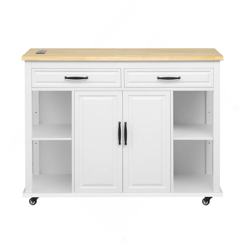 Îlot de cuisine de 47 po avec table de salle à manger extensible, table de cuisine en placage de bois d'hévéa avec support de rangement interne, prise de courant, îlot de cuisine avec rangement 2 tiroirs et 2 armoires