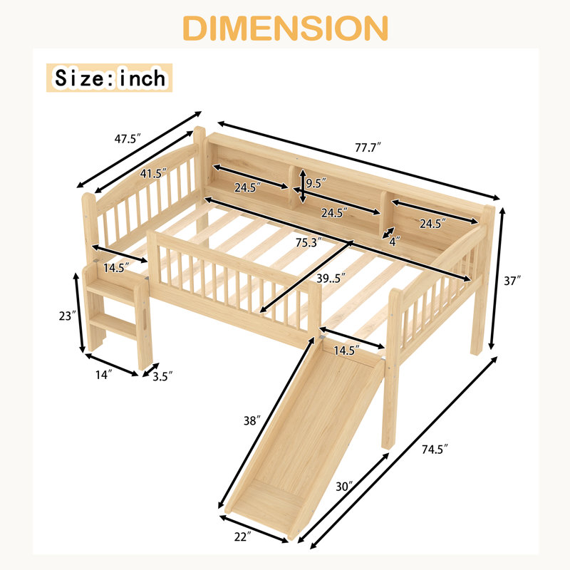 Lit mezzanine avec tablettes de rangement, lit mezzanine inférieur en bois massif avec lumières DEL et garde-corps pleine longueur, aucun sommier nécessaire