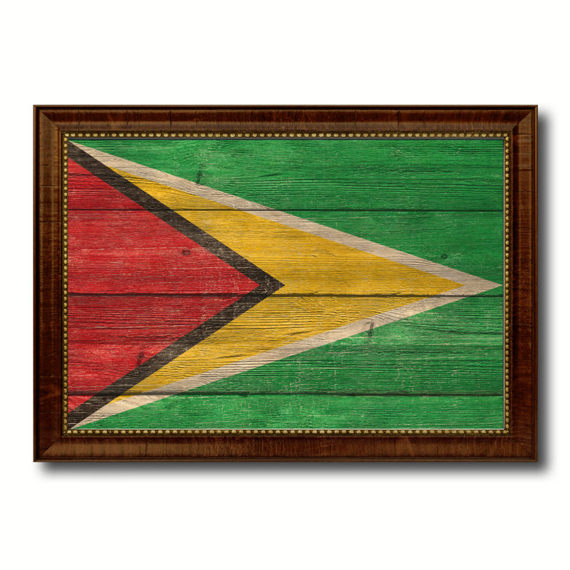 Drapeau du guyana sur toile, H 15 po x l 21 po x P 1 po, Encadrement brun