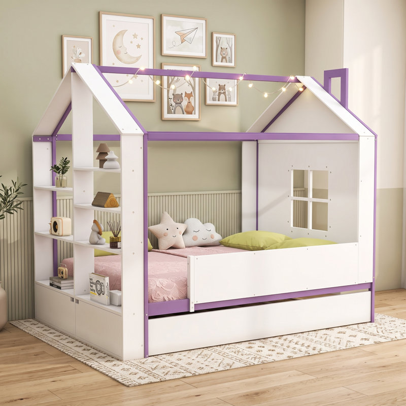 Lit en bois avec bande lumineuse, lit gigogne et lattes, Lit double, Mauve blanc