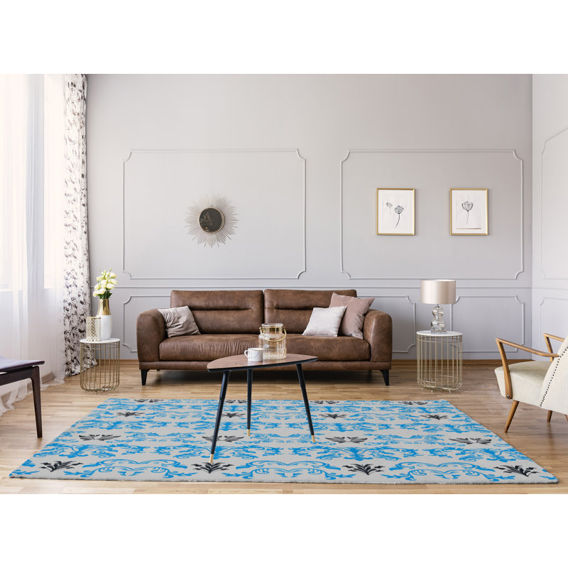 Tapis damassé argent / bleu, Rectangle 8 pi x 10 pi
