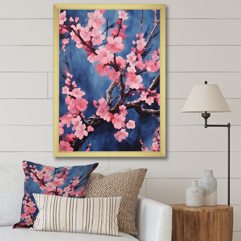 «Pink and Blue Cherry Blossoms Symphony» sur impression sur toile, Cadre doré simple, H 32 po x l 24 po x P 1 po