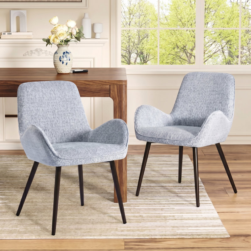 Chaise de salle à manger rembourrée moderne à accoudoirs courbés, chaise d'appoint en tissu texturé avec pieds en bois foncé, chaise de cuisine d'appoint confortable pour la salle à manger