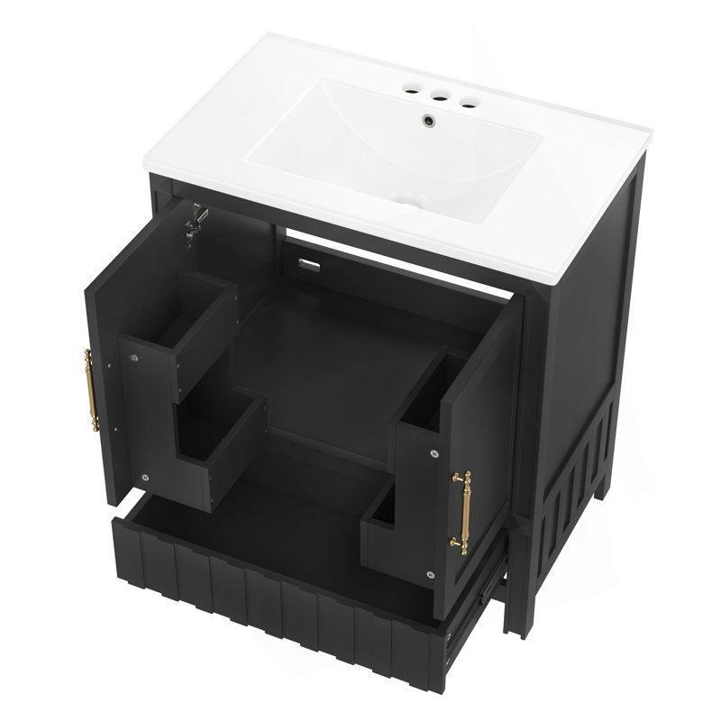 Meuble-lavabo multifonctionnel avec portes et tablettes de rangement, avec tiroirs, 30 po, noir, Noir
