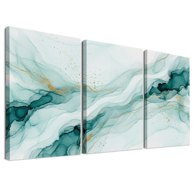 Sarcelle et or, art abstrait sur toile, ensemble de 3 toiles