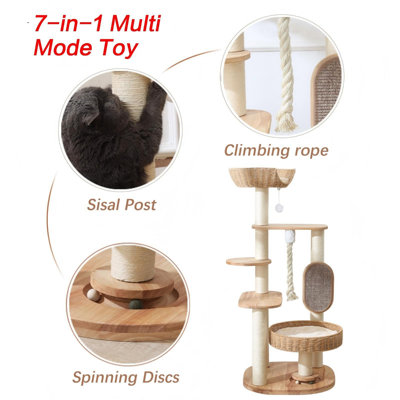Arbre à chat en bois d'hévéa massif de 126 cm avec lit en rotin et poteaux en sisal