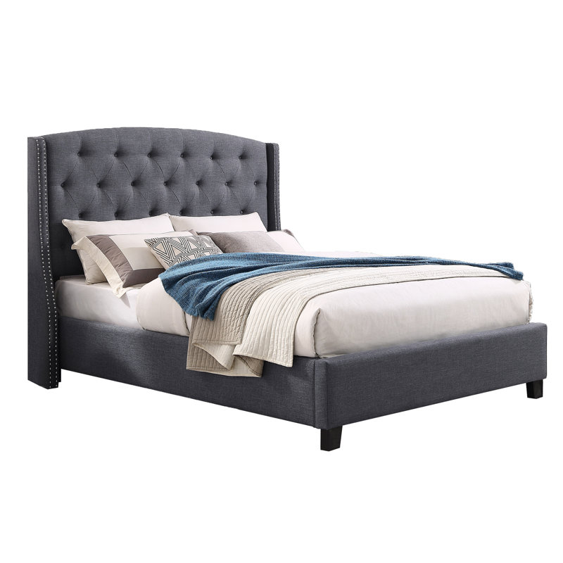 Queen Wingback Bed with Button Tufted Headboard and Nailhead Trim