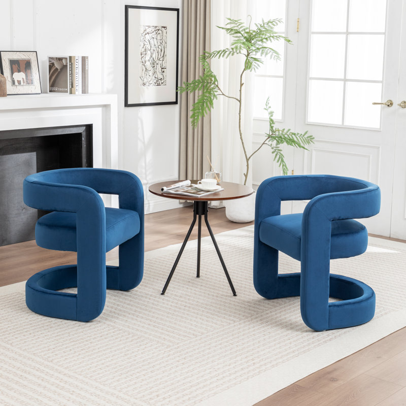 Modern Upholstered Barrel Chair, Navy Velvet