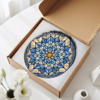 12"H Blue Flower Stained Glass Window Panel