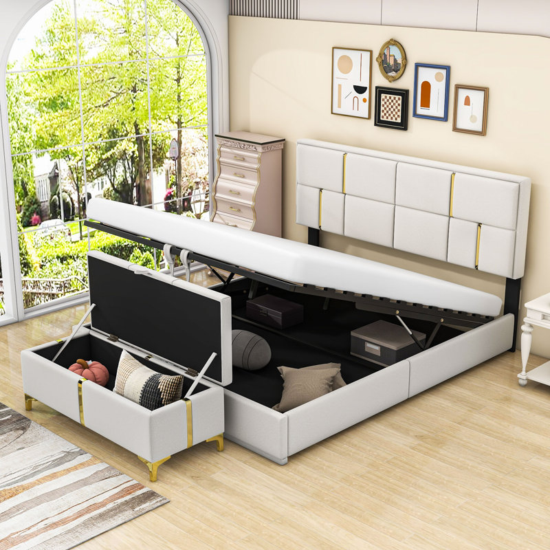 Ensemble de chambre à coucher 2 pièces Jiuliana, grand lit plateforme tapissier, repose-pieds avec rangement et pieds en métal