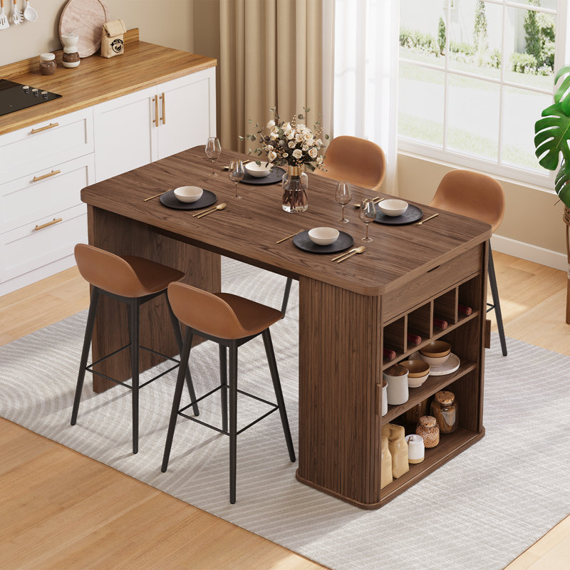 Counter Height Dining Table With Storage, Rectangular Bar Table With Drawer And Wine Rack, Walnut, 34.7" H x 61" W x 31.5" D
