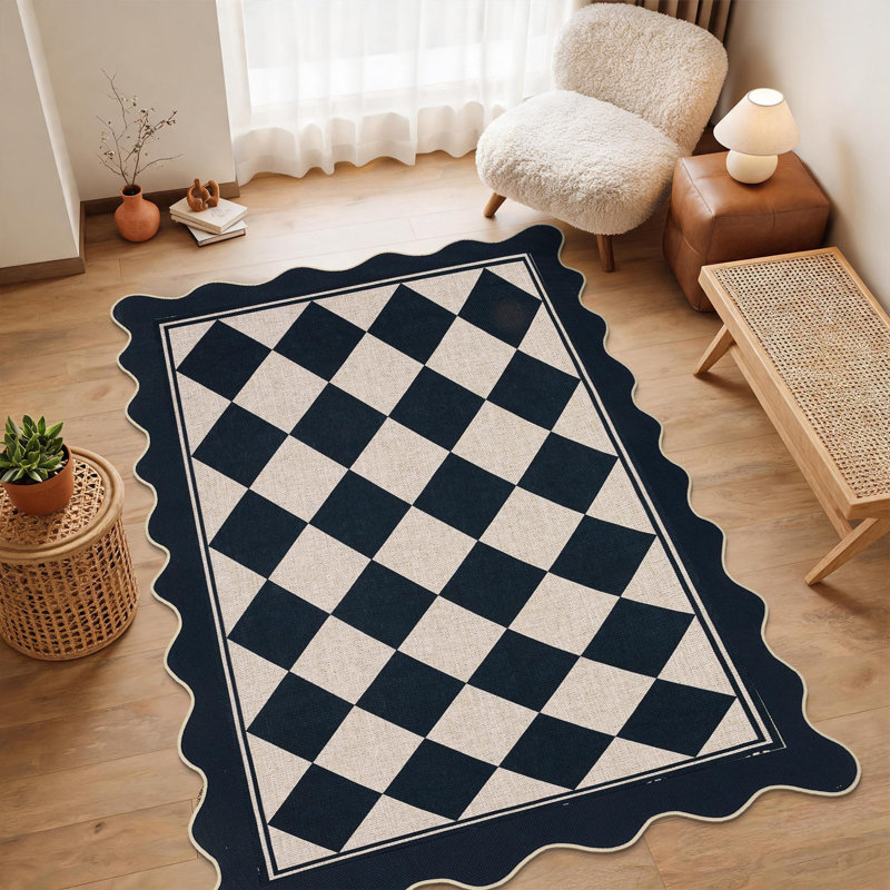 Tapis intérieur/extérieur à carreaux festonné, Noir blanc, 3 x 5 pi