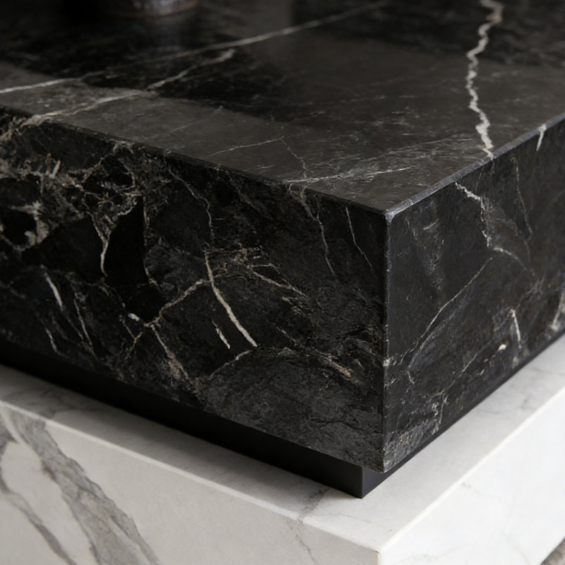 Table basse carrée sur pied avec plateau, H 13,77 po x L 31,49 po x l 31,49 po, Noir, Noir