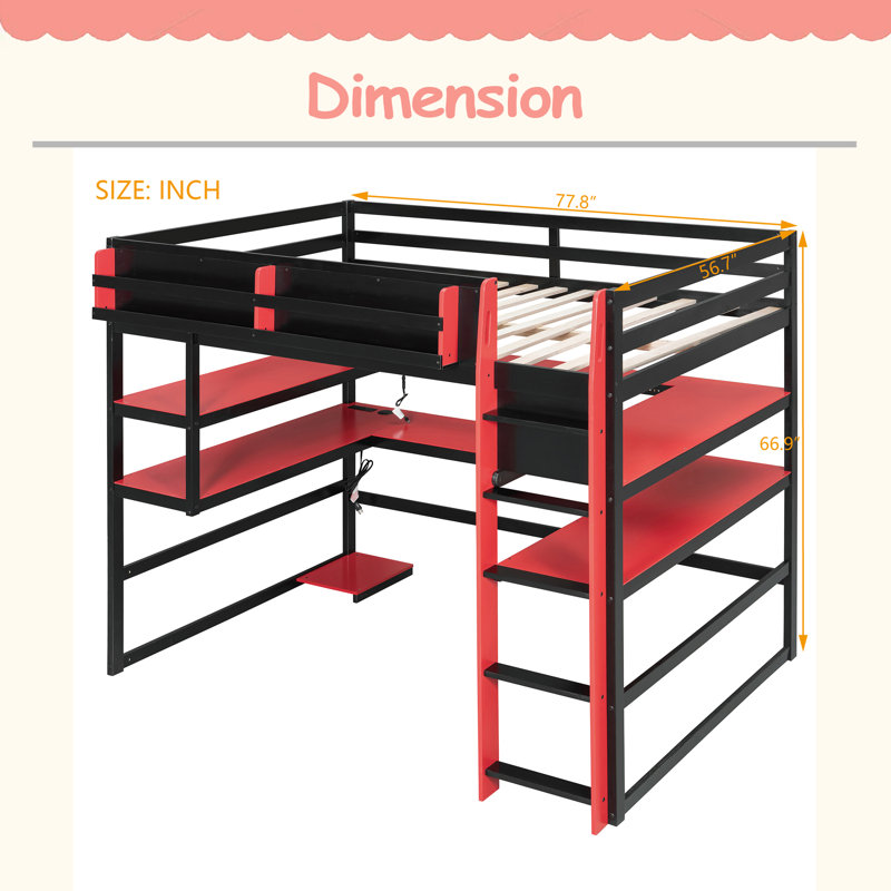 Lit mezzanine double en bois avec bureau, Rouge, Lit double