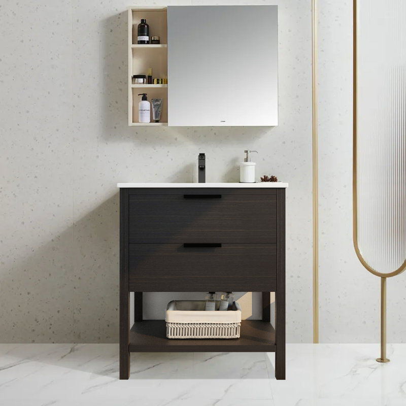 Ensemble de meuble-lavabo simple 30 po Rafik, Blanc, Blanc, Imitation chêne