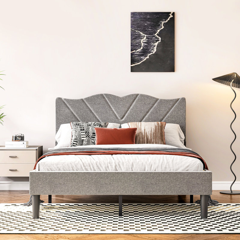 Lit plateforme Nataliah avec tête de lit tapissier et lattes en bois, Double, Gris