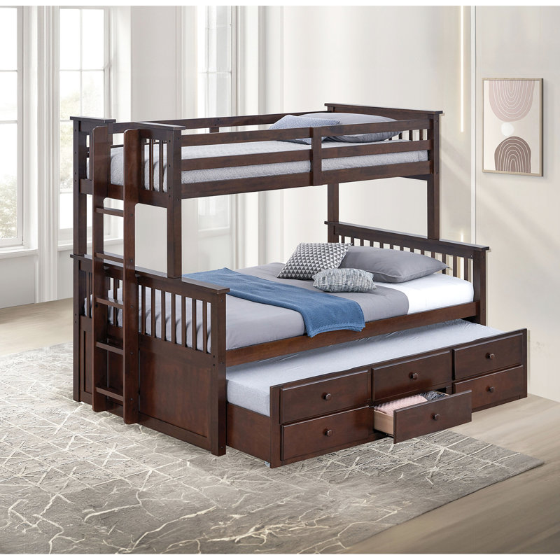 Lit superposé simple au-dessus d'un lit double transitionnel avec tiroirs latéraux et 3 tiroirs sous le lit, teinte noyer foncé, composition en bois d'ingénierie massif, pour rangement de tiroir de chambre à coucher, design, cadre, espace