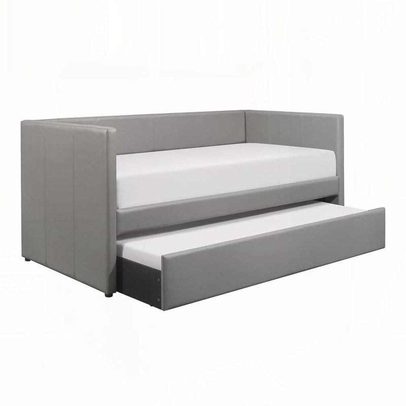 Faux Leather Upholstered Daybed with Trundle, Gray