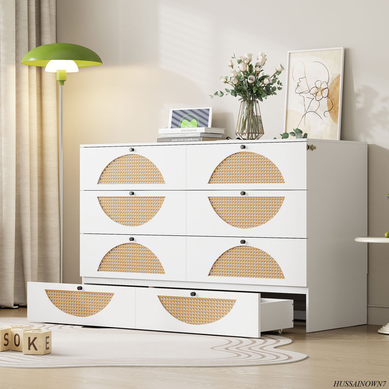 White Queen Murphy Bed with Rattan Headboard and Storage Drawer