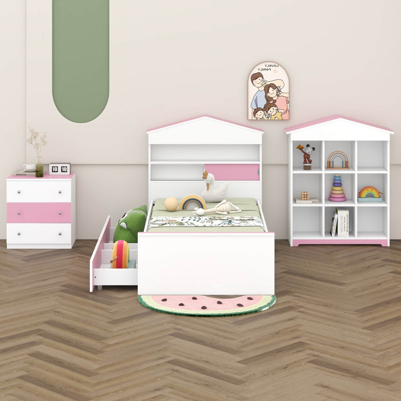 Ensemble de chambre à coucher 3 pièces, lit simple en bois en forme de maison, Rose / blanc