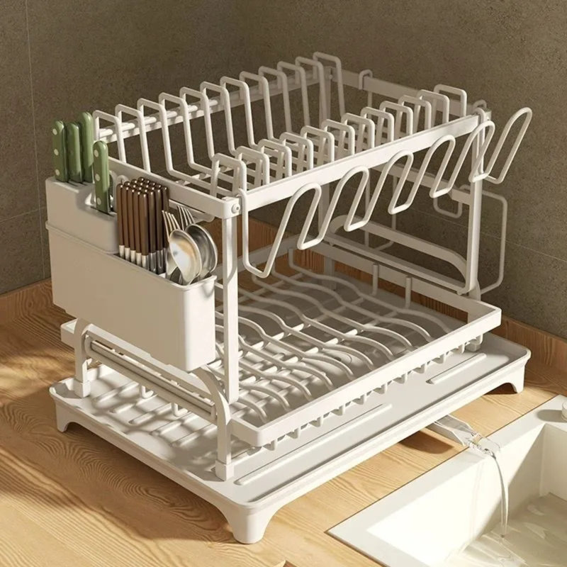 Large Capacity 2-tier Kitchen Dish Drying Rack With Drain Board, Rust-resistant Steel Cutlery Holder With Knife Block & Chopping Board Rack, 360° Rotatable Drainage Pipe - White