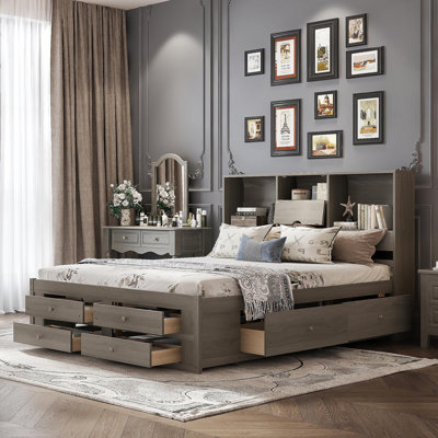 King Size Platform Bed With Storage Headboard And 8 Drawers, Gray
