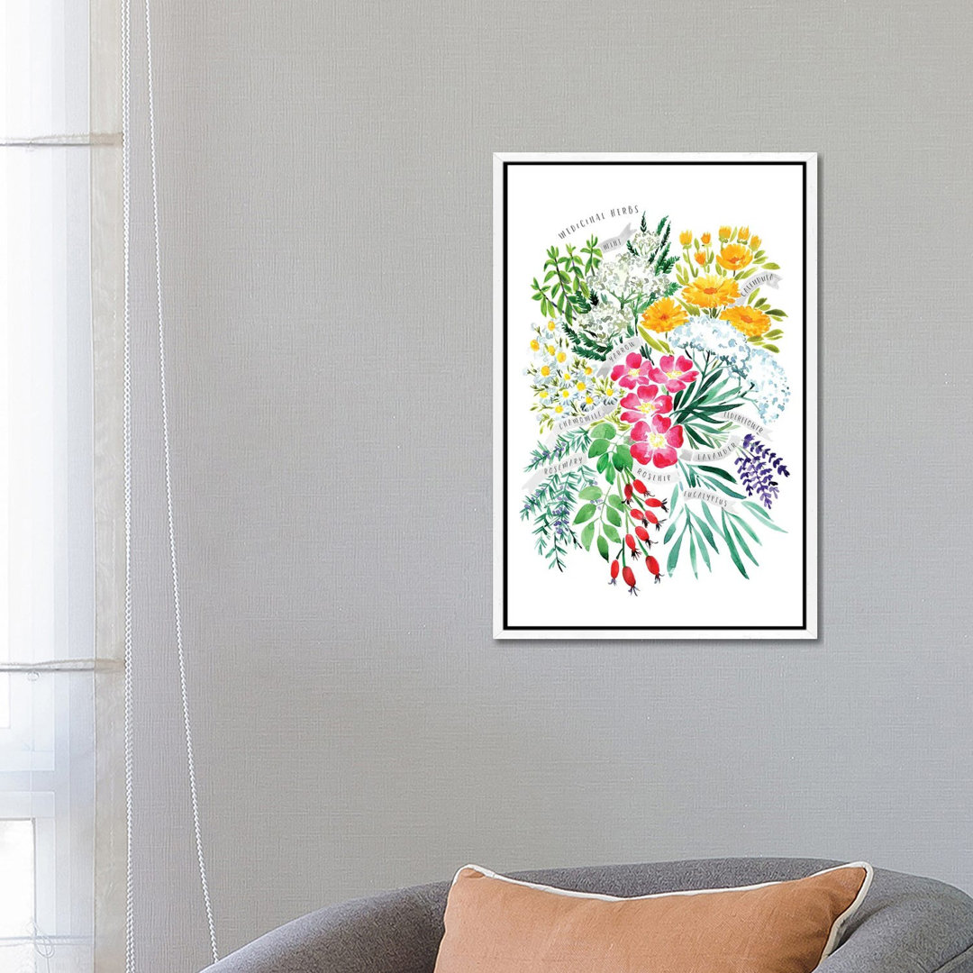 Heilkräuter Blumenstrauß in Aquarell von Blursbyai - Galerie-verpackte Leinwand Giclée auf Leinwand