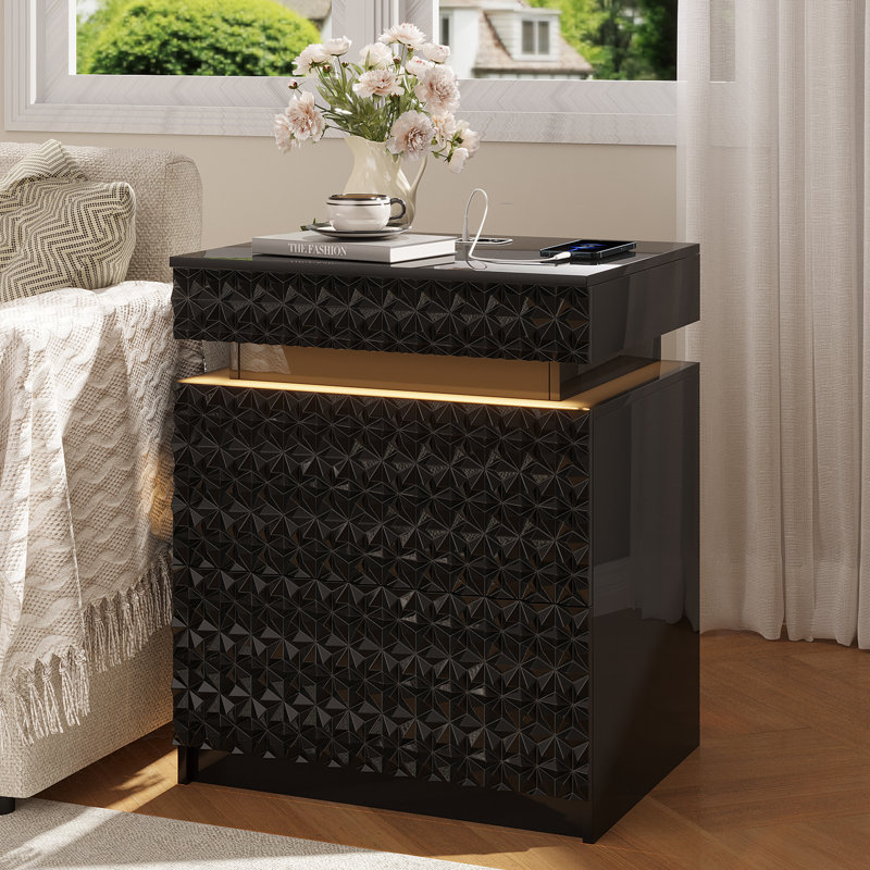 Table de chevet 2 tiroirs avec lumière, Noir