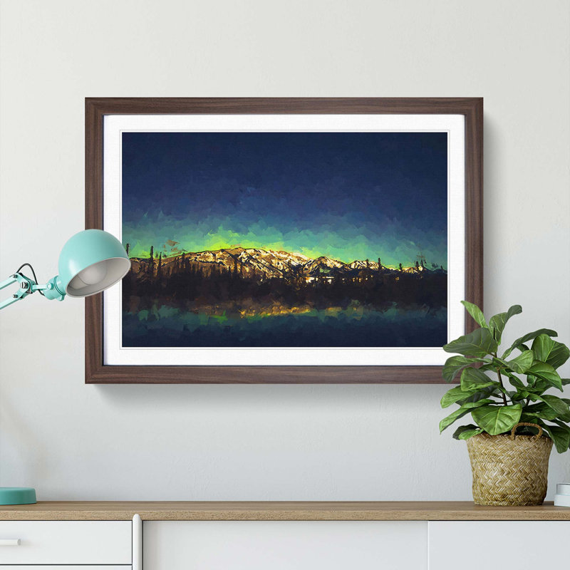 Northern Lights over in Canada in Abstract - Picture Frame Painting Print, 62cm H x 87cm W x 2cm D, Walnut Framed