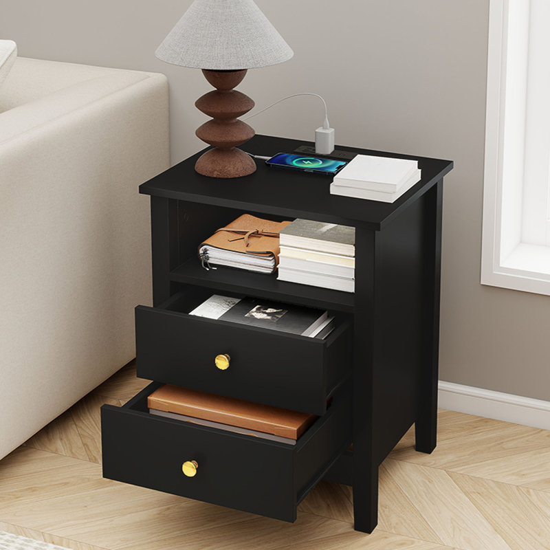 Table de chevet 2 tiroirs avec port USB Shirl, Noir, noir, noir, noir