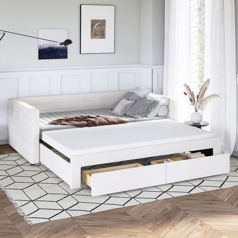 Twin Upholstered Extendable Daybed With Trundle, 2 Drawers, Beige