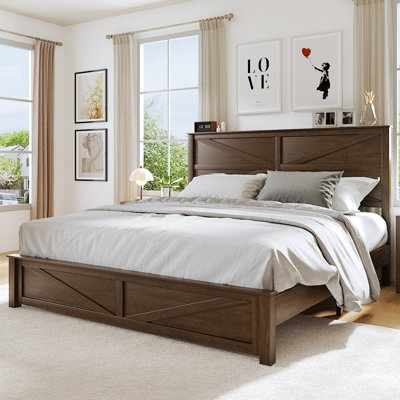 Structure de lit très grand avec tête de lit et pied de lit, support à lattes en bois, lit plateforme robuste compatible avec différents styles de chambre à coucher, assemblage facile, brun