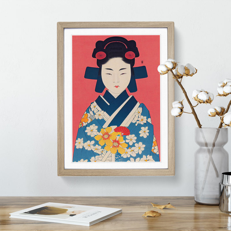 Graceful Geisha - Single Picture Frame Print, 64cm H x 46cm W x 2cm D, Oak